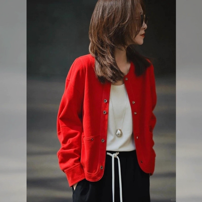 【赠送运费险】红色圆领短外套女