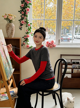 今年流行漂亮气质减龄高级感上衣女2026秋冬灰色拼接假两件T恤女