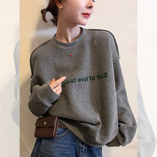 减龄通勤打底上衣 灰色宽松显瘦时尚 韩式 休闲风字母印花卫衣女秋季