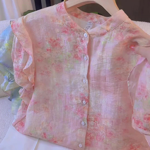 新款 时尚 女2025年夏季 衬衫 舒适柔软透气碎花上衣 温柔漂亮粉色短袖