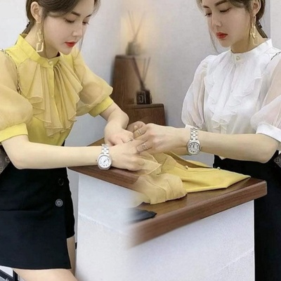 薄款短袖荷叶边黄色甜美衬衫上衣