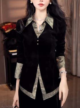 黑色V领丝绒衬衫女士2026秋季新款高级感洋气收腰显瘦假两件上衣