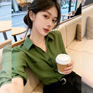 韩系法式设计感绿色长袖衬衫女通勤小众气质上衣2026春季新款百搭
