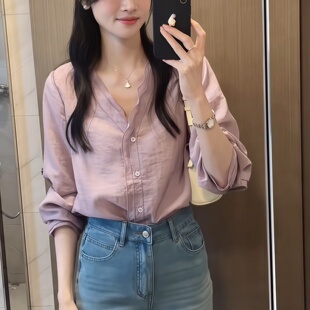 双层花边V领长袖衬衫女2026新款早秋温柔风通勤衬衣薄款防晒上衣