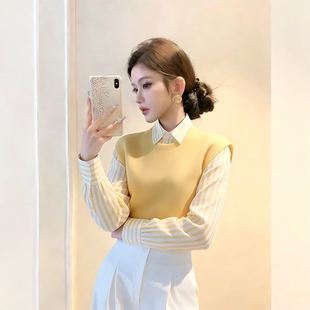 韩系黄色条纹拼接衬衫女春季新款气质超好看长袖衬衣假两件上衣潮