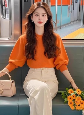 橙色圆领泡泡袖长袖毛衣针织衫2024早秋季新款女韩系chic别致上衣