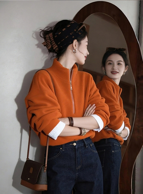 橙色羊羔绒加厚立领保暖卫衣女2026新款爆款秋冬时尚洋气叠穿上衣