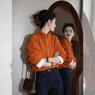 橙色羊羔绒加厚立领保暖卫衣女2026新款爆款秋冬时尚洋气叠穿上衣