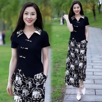 中國風(fēng)復(fù)古盤扣短袖時(shí)尚套裝女士2024夏裝新款洋氣闊腿褲裙兩件套