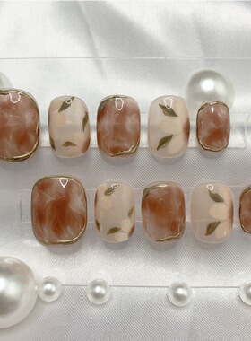 冰茶花纯手工美甲贴片成品奶咖晕染冰透秋冬穿戴甲指甲片ins