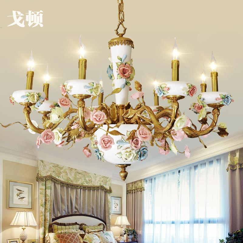 法式田园全铜脱蜡高温陶瓷花草吊灯美式乡村艺术简欧纯铜灯创立特