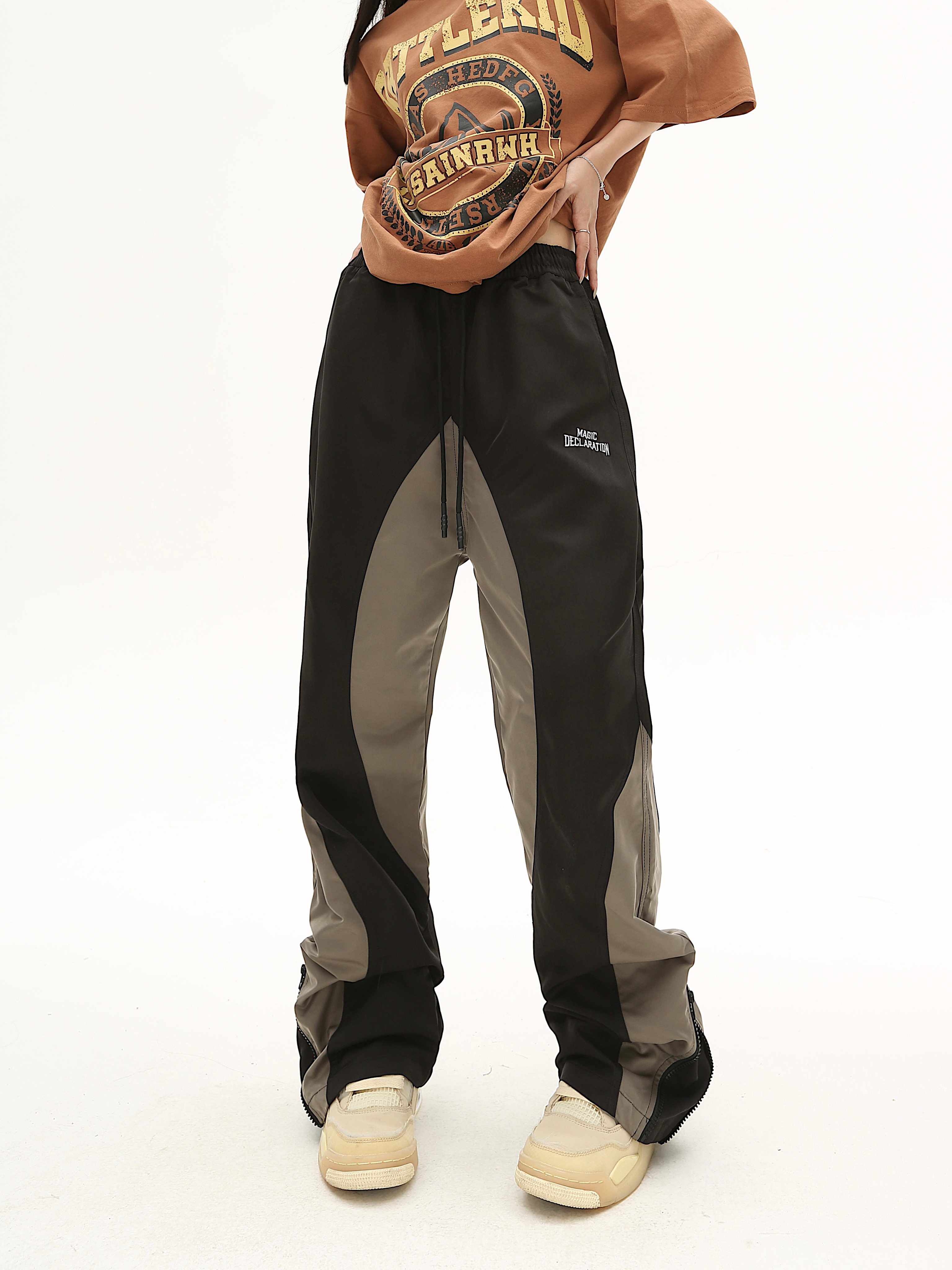 n706美式复古双色拼接休闲尼龙裤新款街头宽松直筒拉链潮流长裤