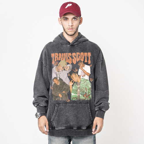 欧美嘻哈Travis Scott印花连帽卫衣TS男高街水洗做旧宽松款帽衫