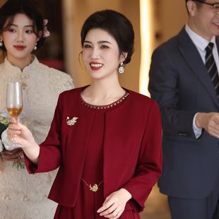 优雅红色长袖圆领中长款喜婆婆装婚宴礼服妈妈装宴会晚装