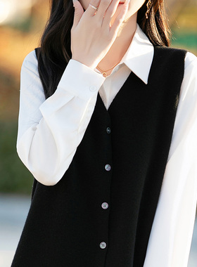 淑女风纯羊毛V领针织马甲女无袖开衫外套黑色纽扣坎肩上衣