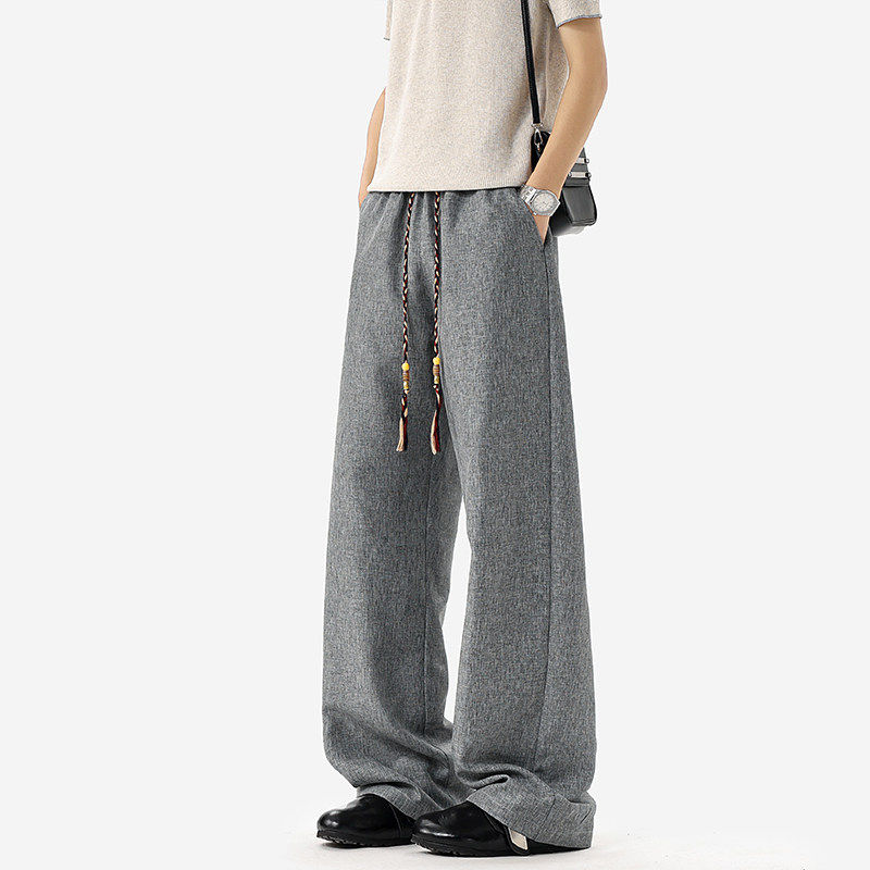 潮流仿麻拖地长裤男夏季垂感直筒抽绳休闲裤子百搭宽松阔腿运动裤