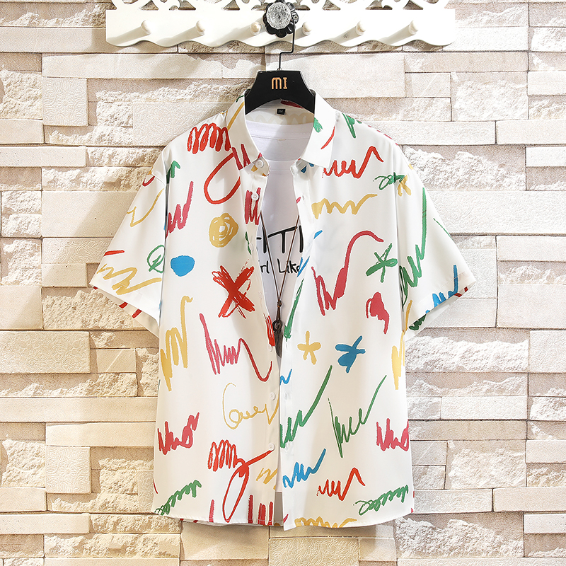 冰丝短袖衬衫男士春夏季新款印花半袖宽松休闲薄款衬衣男装外套潮