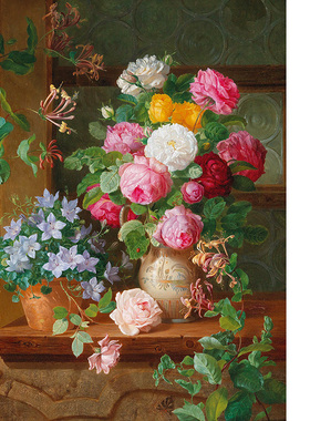 窗台上的玫瑰和蓝星花 Joseph Schuster奥地利静物花卉油画装饰芯