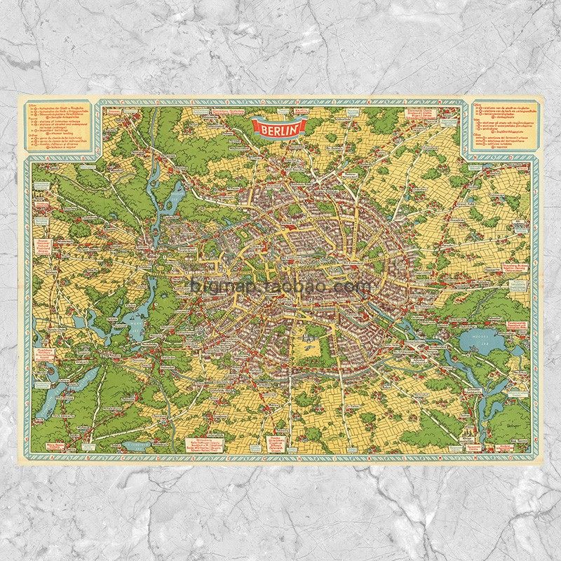 德国柏林插画地图 超大尺寸巨幅油画布复古怀旧装饰壁挂画芯心