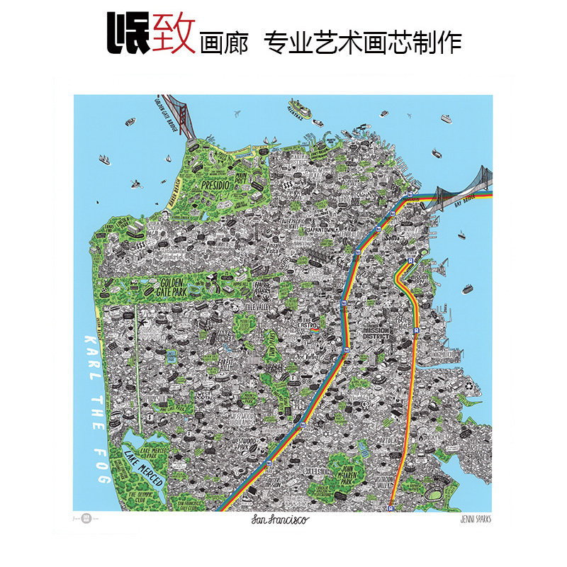 旧金山文化风情手绘地图装饰画