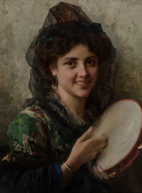 拿手鼓的女孩 Federico Andreotti意大利人物油画 玄关走廊装饰画