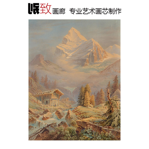 阿尔卑斯山木屋溪流风景装饰画芯