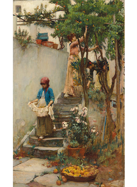橙子花园拉斐尔前派人物风景油画