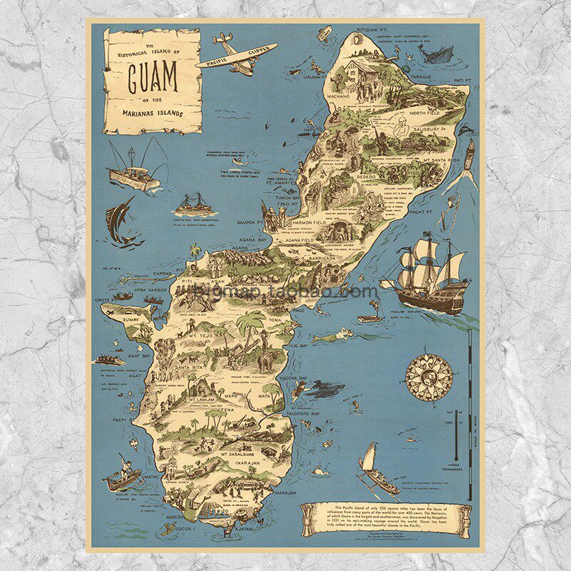 关岛插画地图 大尺寸巨幅复古油画布书房走廊美式装饰壁挂画芯心