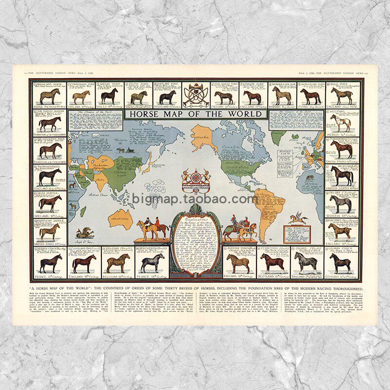 世界名马分布图复古欧式 超大尺寸巨幅面动物装饰壁挂画芯心