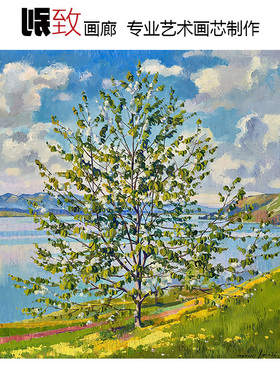 图恩湖上开花的树瑞士风景油画
