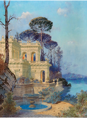 湖畔喷泉别墅 Ferdinand Knab德国风景油画 客厅玄关餐厅装饰画芯