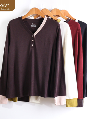 caser凯撒秋馨思特女士V领系扣撞色保暖上衣长袖打底衫BK63-5535