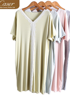 caser凯撒夏季女士罗纹V领蕾丝短袖家居睡裙连衣裙睡衣BP01-6881