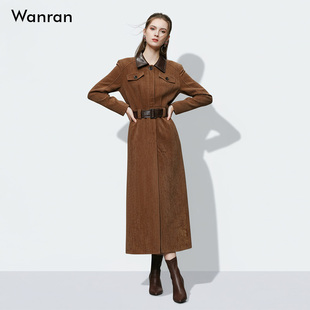 2025秋冬季时尚复古棕色PU拼接收腰系带长款鱼尾连衣裙加厚女