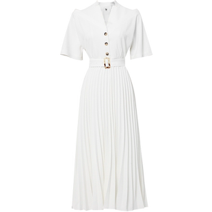 2026夏季新款法式复古优雅百搭收腰大摆百褶衬衣连衣裙女白色通勤