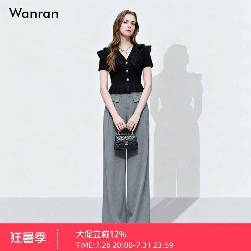 2026夏季新款时尚百搭V领短袖荷叶边黑色T恤+高腰显瘦阔腿裤套装