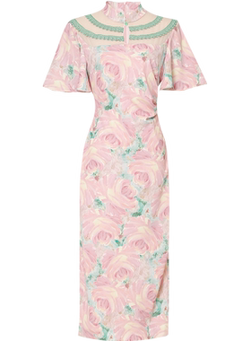 2026夏季新款新中式立领花边装饰荷叶袖收腰抽褶粉色印花旗袍裙