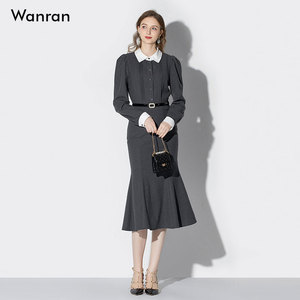 2026春新款气质衬衣式长裙简约法式撞色拼接修身鱼尾摆加厚连衣裙