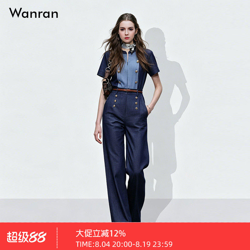 2026夏季新款时尚帅气短袖撞色设计感工装风系带牛仔连体裤长裤女