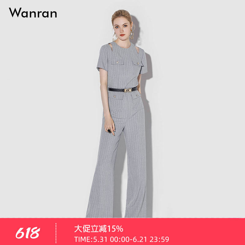 2026夏季新款时尚气质肩部镂空短袖立裁收腰显瘦直筒条纹连体裤女