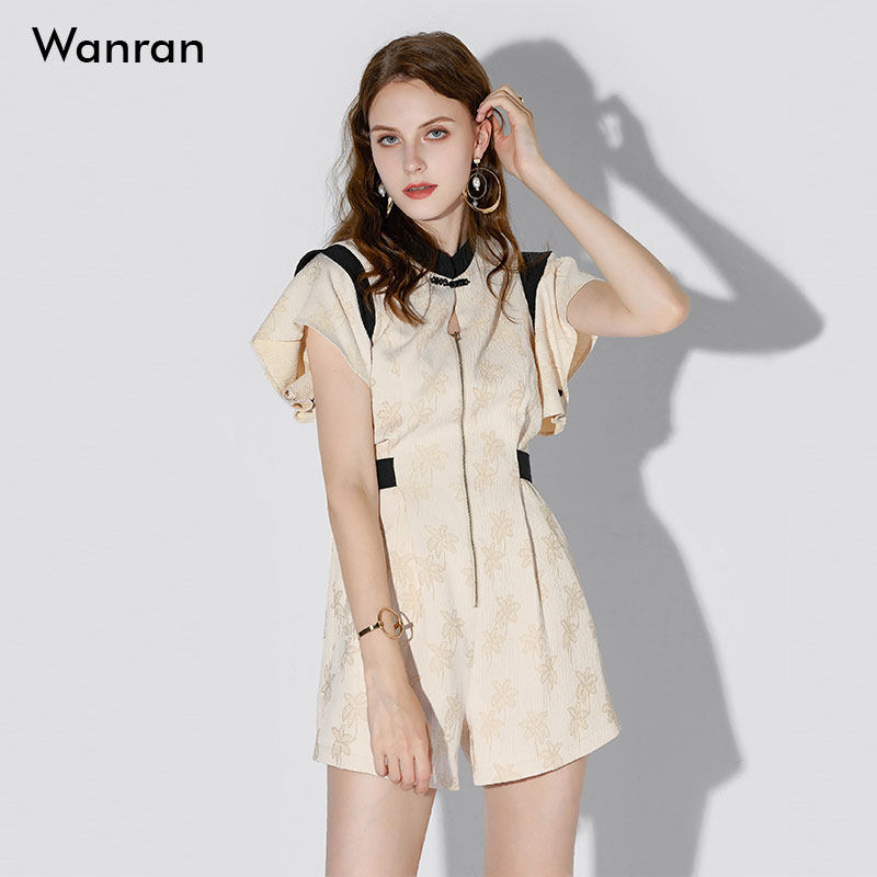 夏季女装2026新款时尚休闲杏色短袖修身显瘦高腰连体裤连衣裤短裤