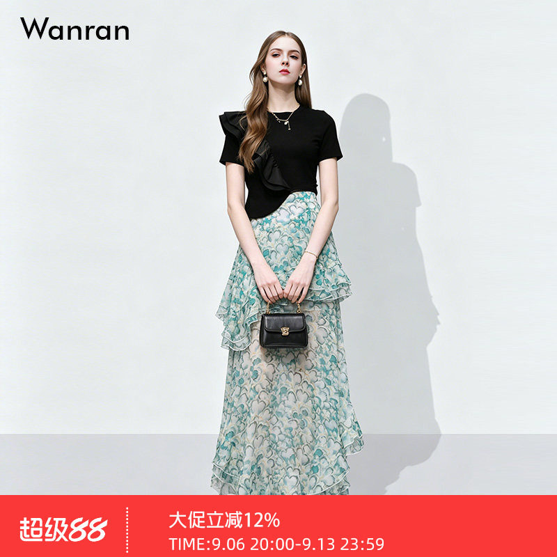 2026夏季新款时尚设计感不对称荷叶边T恤+超仙印花半裙长裙套装女