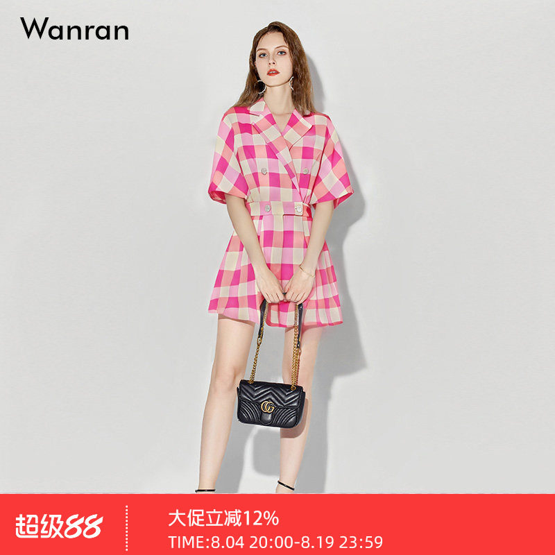 2026夏季新款时尚气质翻领连肩袖收腰修身格纹连体裤短裤裤子