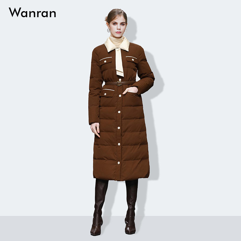 2025冬季女装时尚气质咖棕色翻领中长款白鸭绒肌理感羽绒服外套