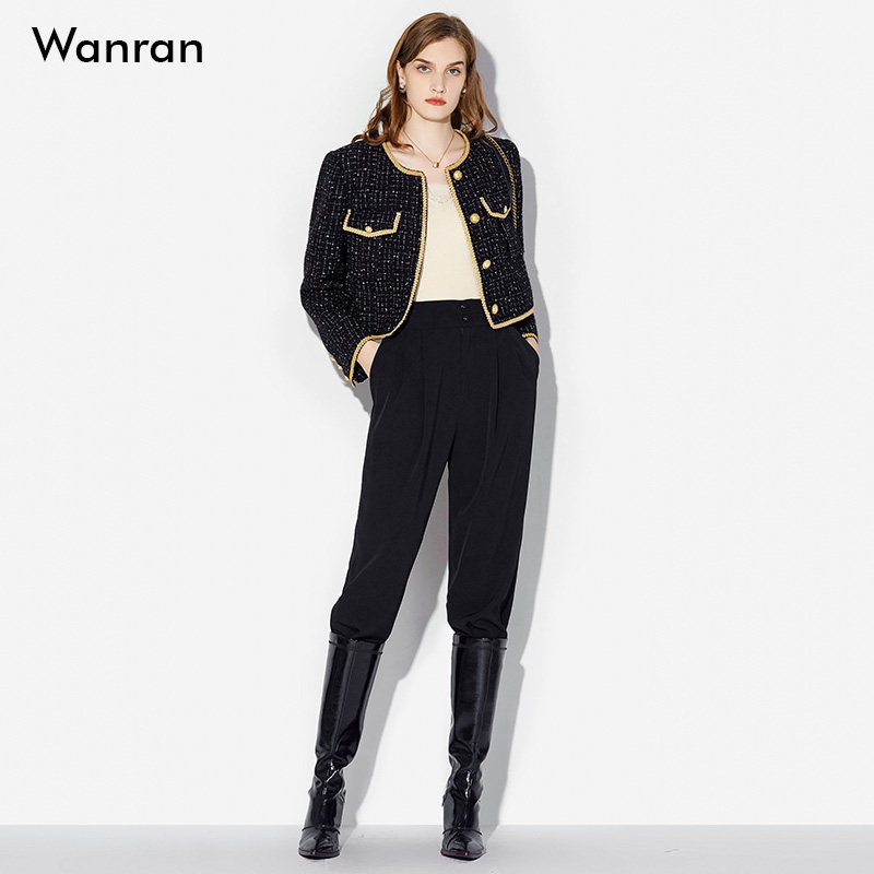 春季女装2026新款时尚气质黑色粗花呢外套灯笼裤束腿裤裤子套装