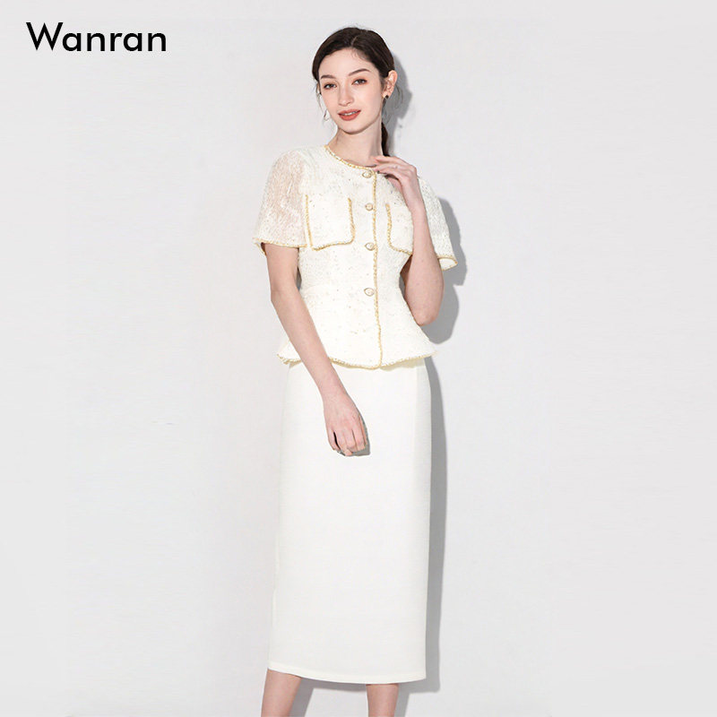 2026夏季新款女装气质两件套蕾丝短袖上衣一步开衩半裙套装潮