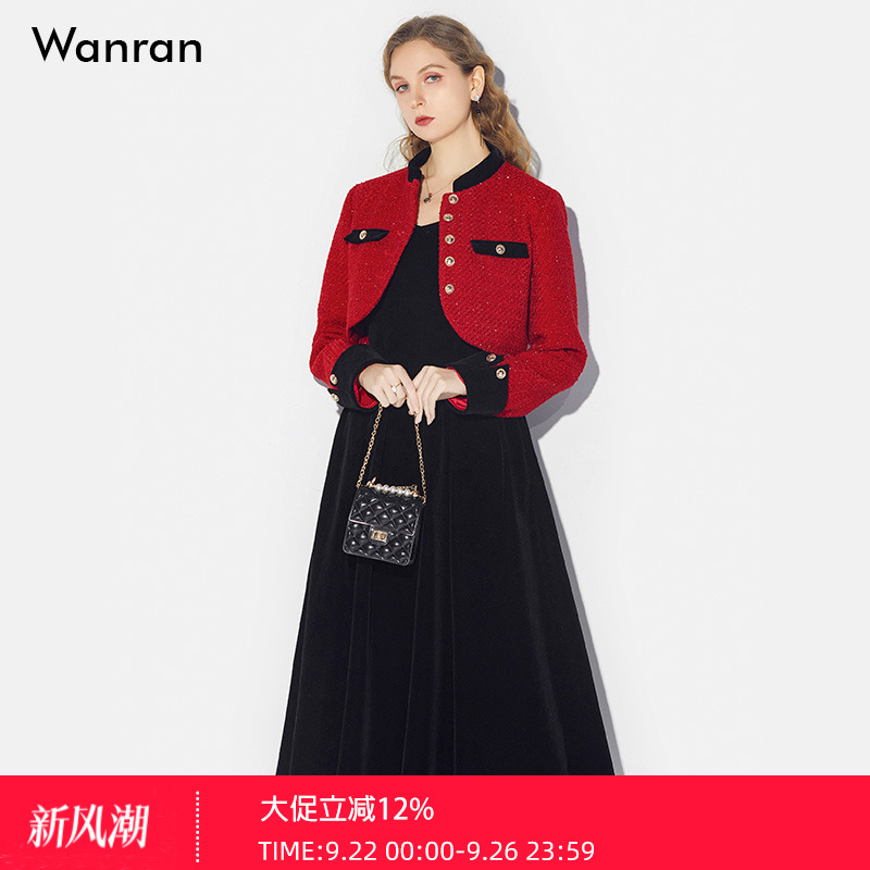秋季女装2025新款时尚红色粗花呢外套黑色丝绒连衣裙裙子套装潮