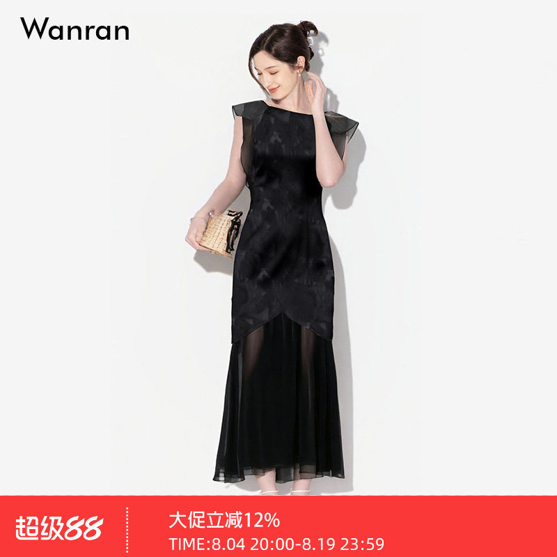 2026夏季新款时尚气质一字领荷叶袖收腰花朵型性感雪纺黑色连衣裙
