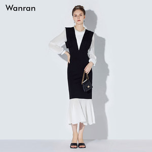 2026春季新款时尚气质假两件黑白撞色修身显瘦荷叶摆长裙连衣裙女