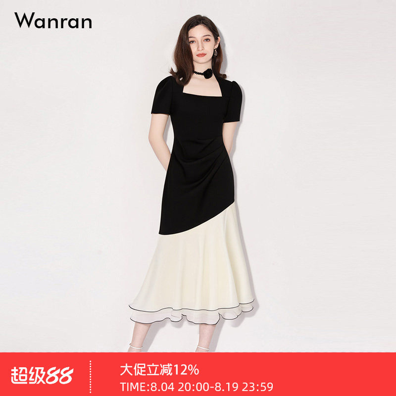 2026夏季新款时尚法式方领泡泡袖收腰显瘦撞色荷叶边拼接连衣裙女